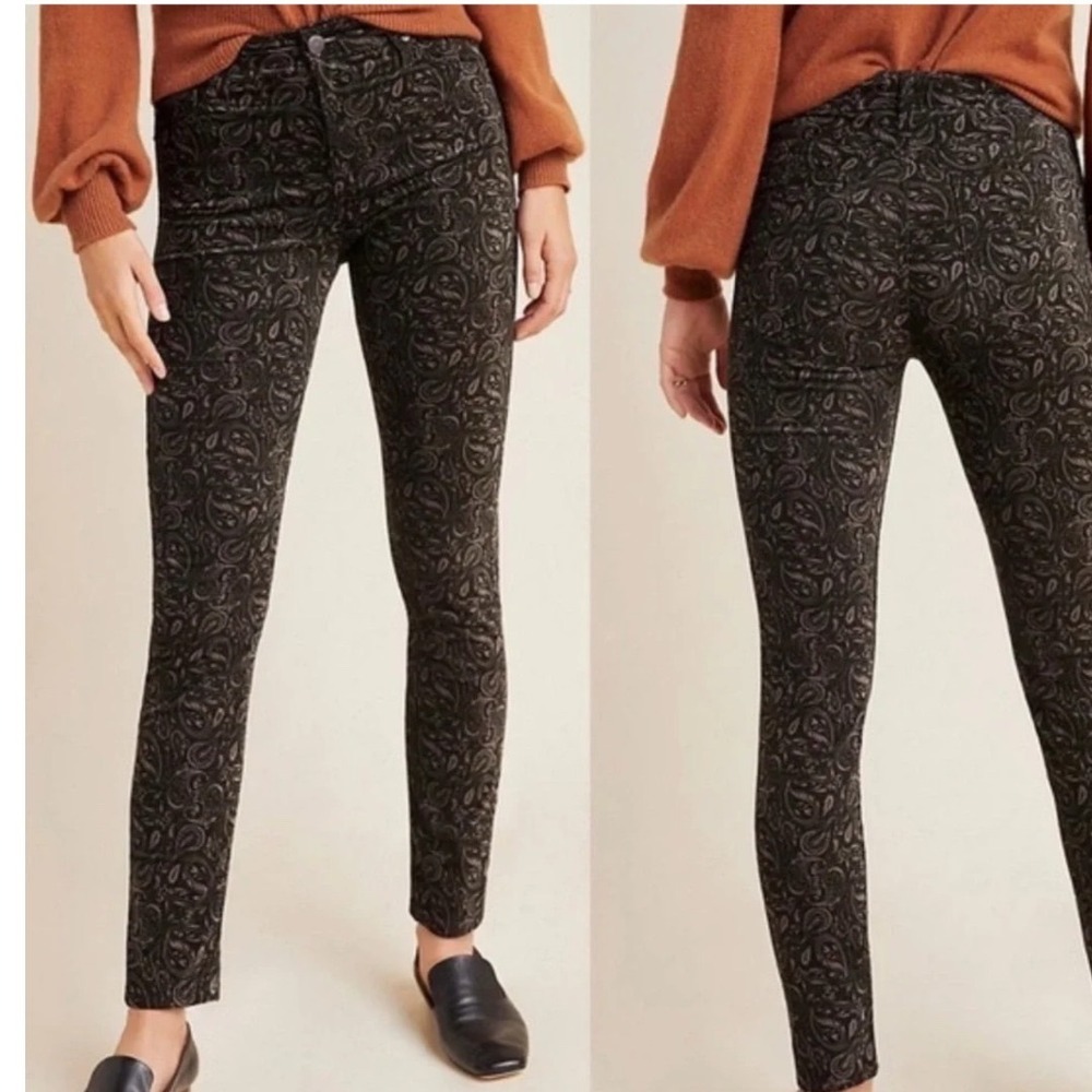 AG Anthropologie High Rise Stevie Ankle Paisley Slim Straight Pants 29R Black
